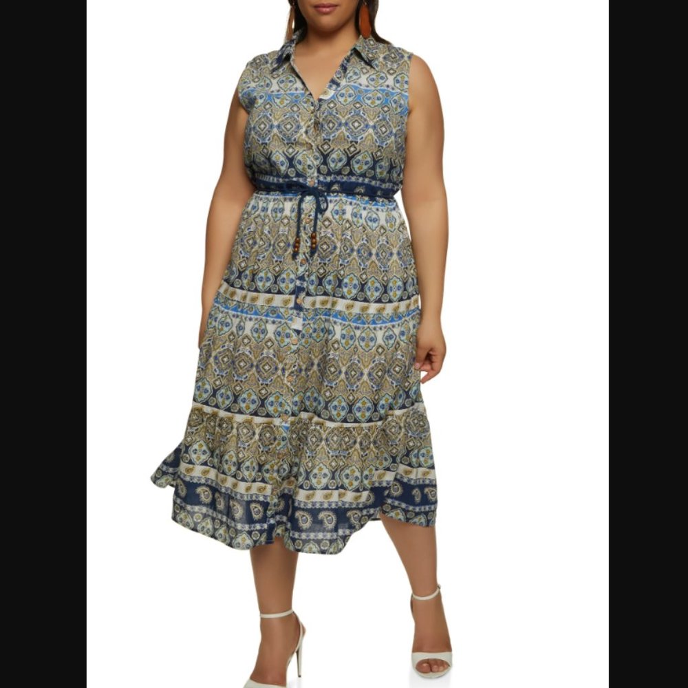 New NWT Mlle Gabrielle Women's 3X Collared Sleeveless Midi Shirtdress